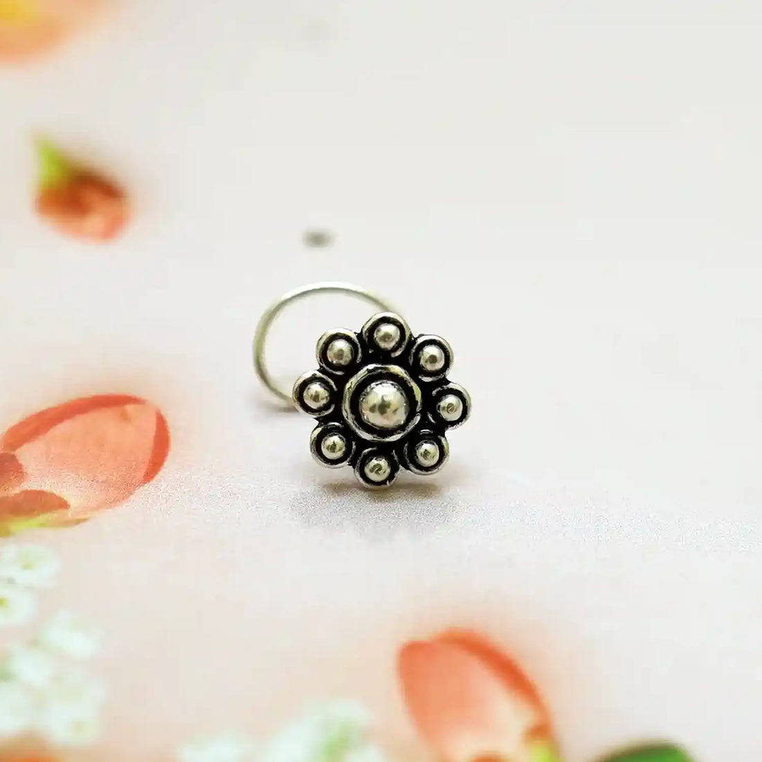 Beaded Blossom Oxidised Silver Nose Pin- Made With Pure 925 Silver