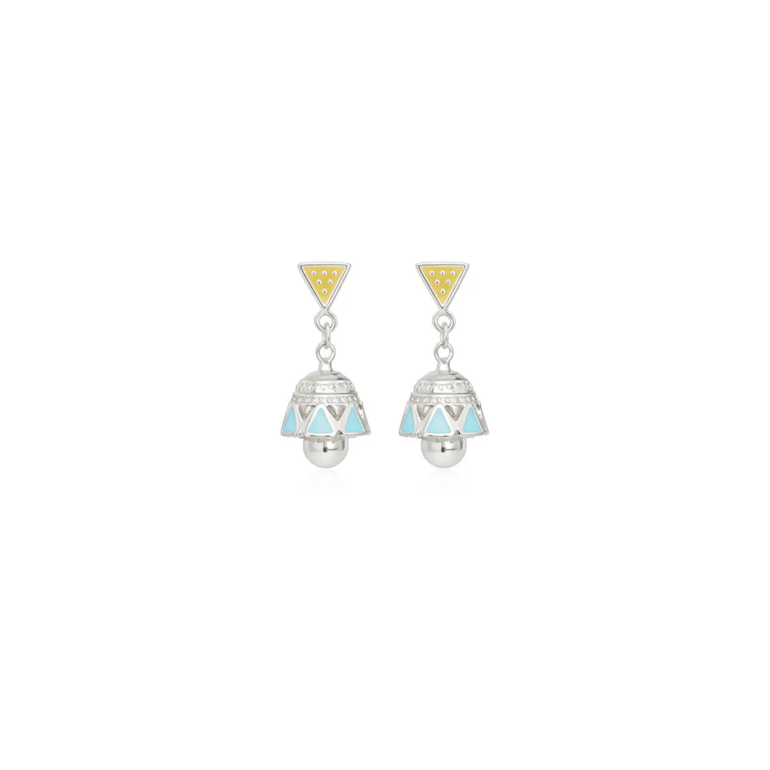 Mustard & Turquoise Geometric Pure Silver Jhumki Earrings - Made With Pure 925 Silver