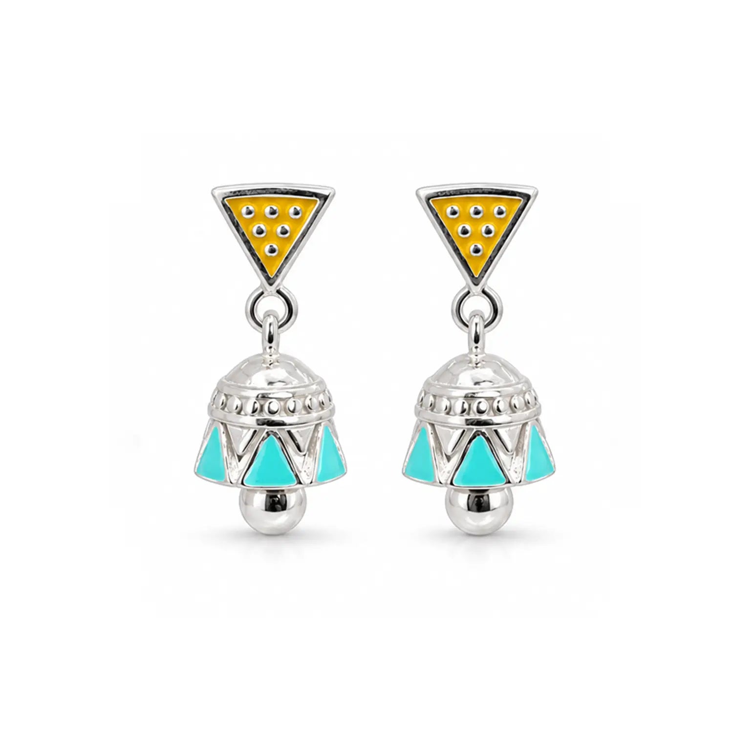 Mustard & Turquoise Geometric Pure Silver Jhumki Earrings - Made With Pure 925 Silver
