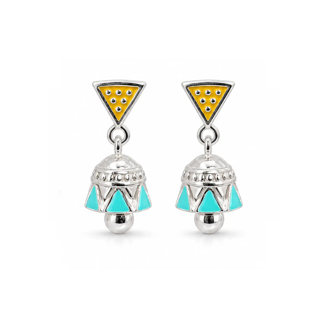Mustard & Turquoise Geometric Pure Silver Jhumki Earrings - Made With Pure 925 Silver