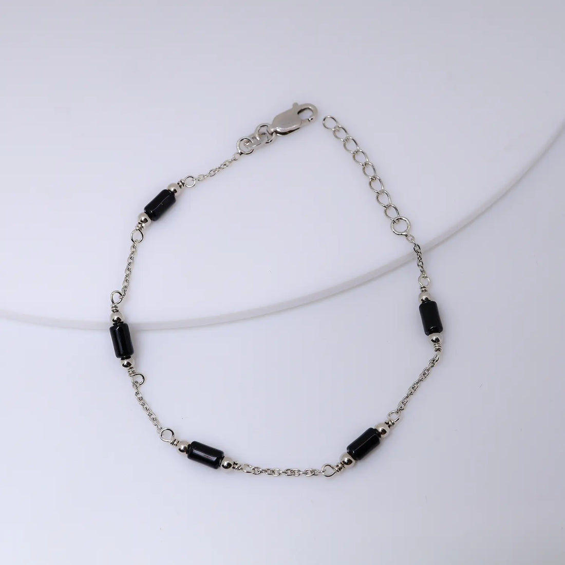 Black Bead Accent Pure Silver Bracelet - Made With Pure 925 Silver