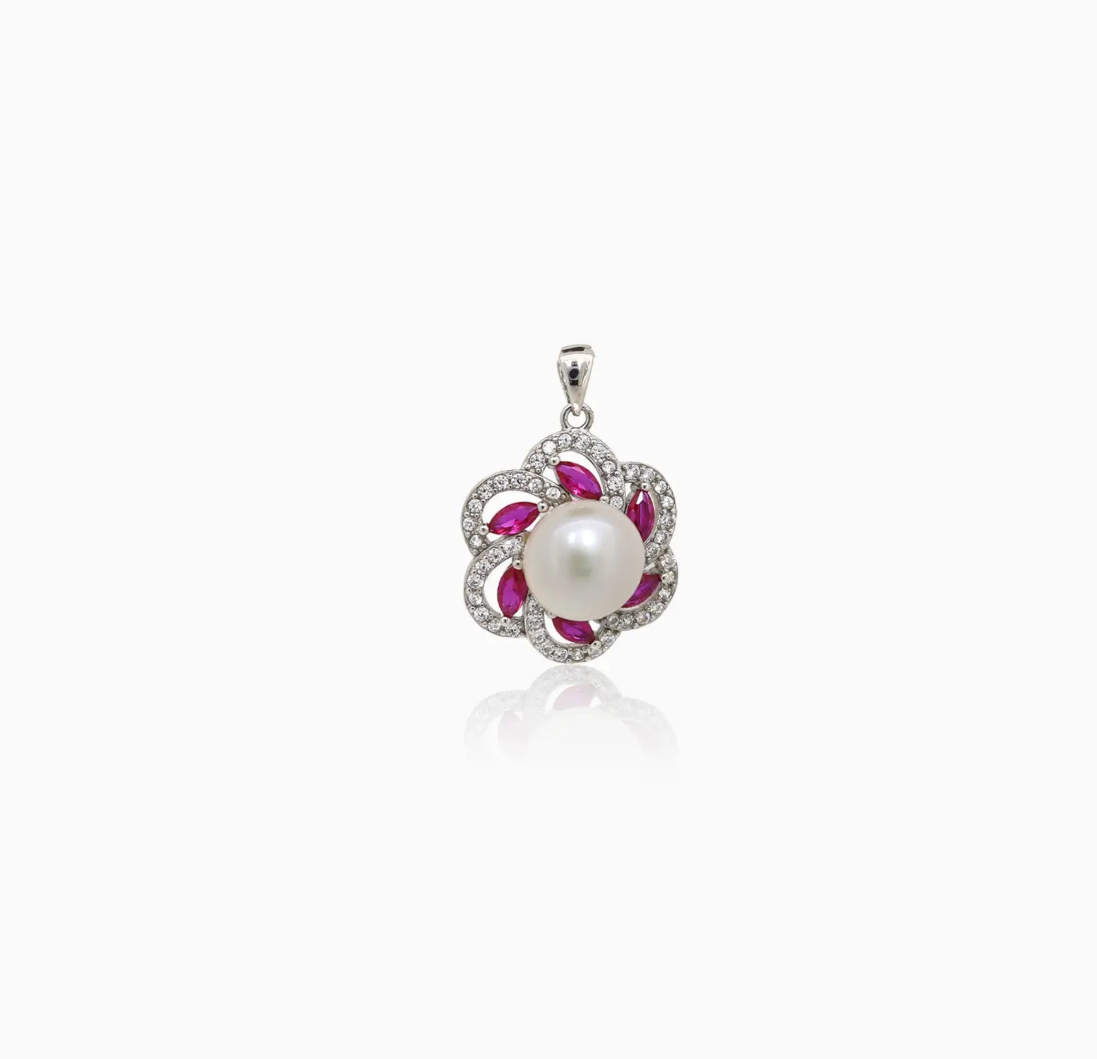 Elegant Pearl & Ruby Floral Silver Pendant - Made With 925 Pure Silver