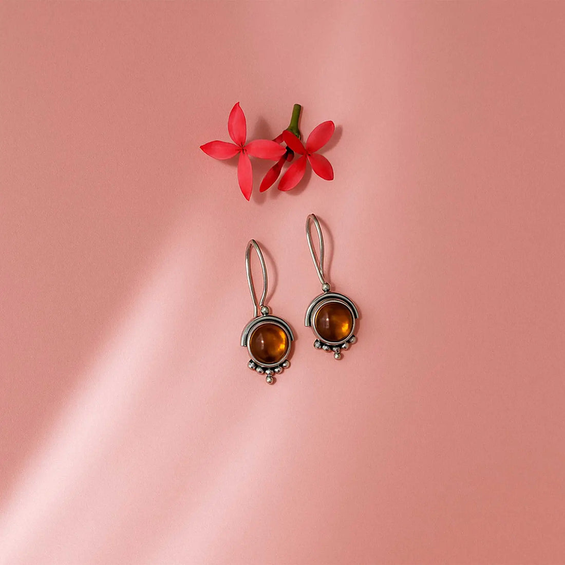 Silver Drop Earrings with Amber-Colored Stone- Made With Pure 925 Silver