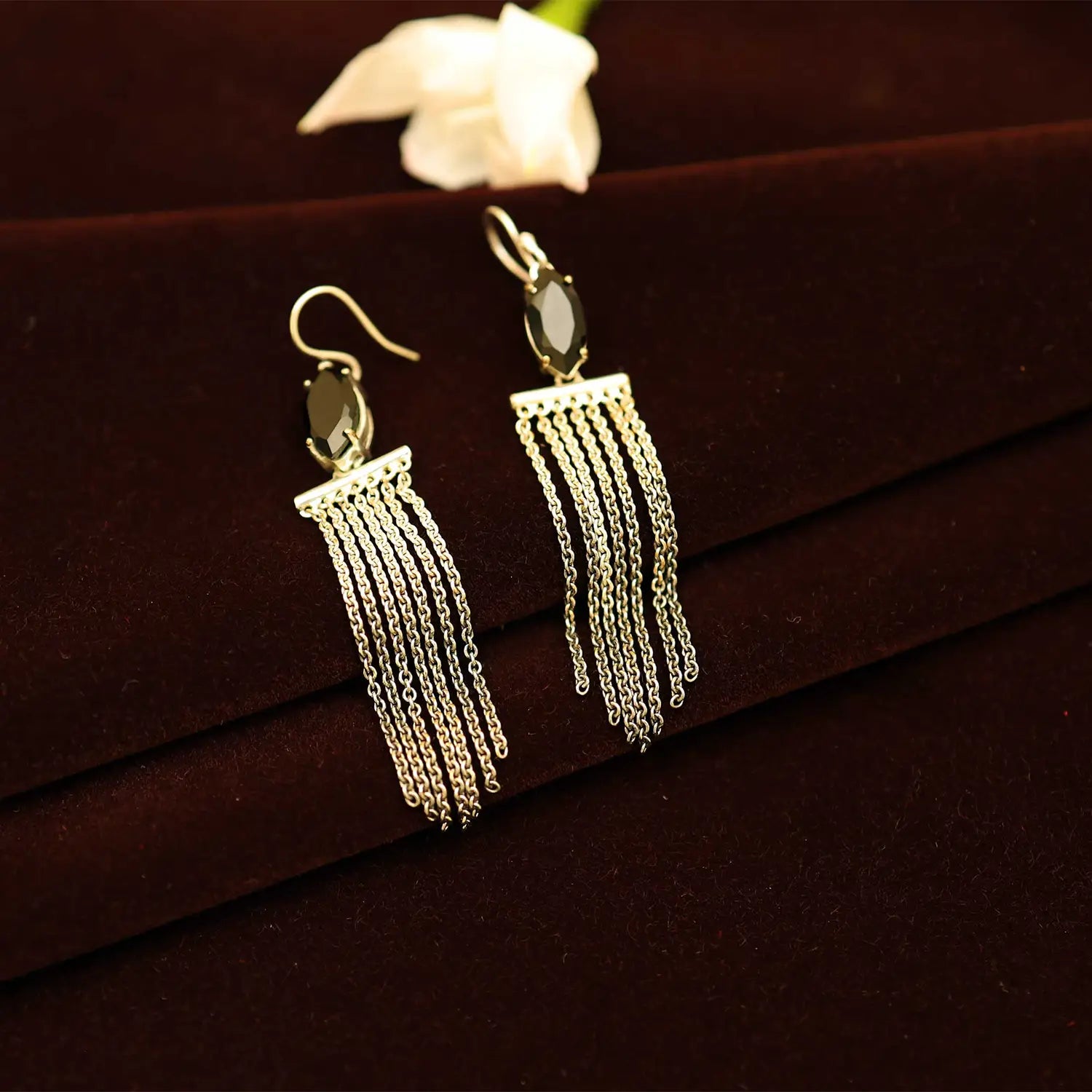 Pure Silver Chain Tassel Earrings with Black Stone- Made With Pure 925 Silver