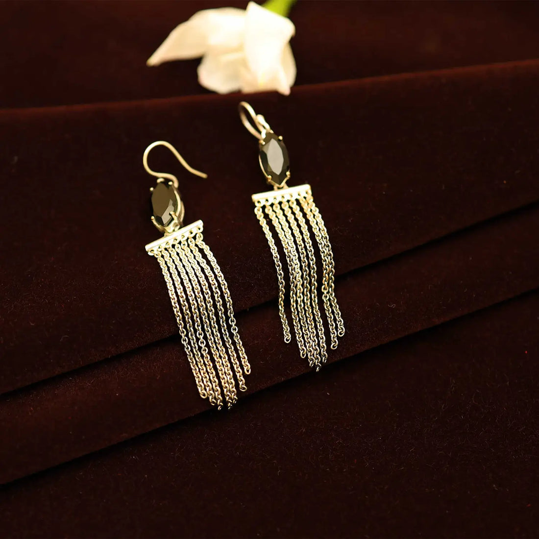 Pure Silver Chain Tassel Earrings with Black Stone- Made With Pure 925 Silver