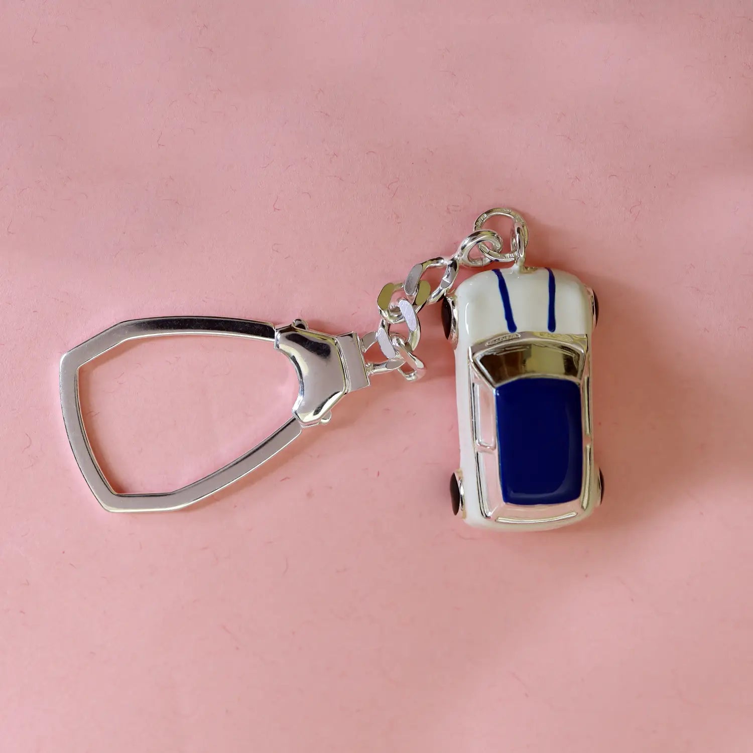 Pure Silver Car Keychain with Blue Enamel Finish - Made With Pure 925 Silver