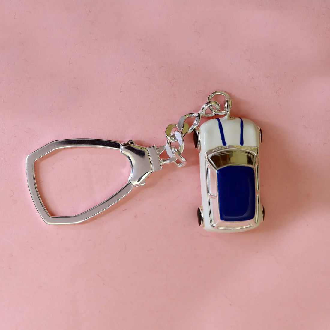 Pure Silver Car Keychain with Blue Enamel Finish - Made With Pure 925 Silver