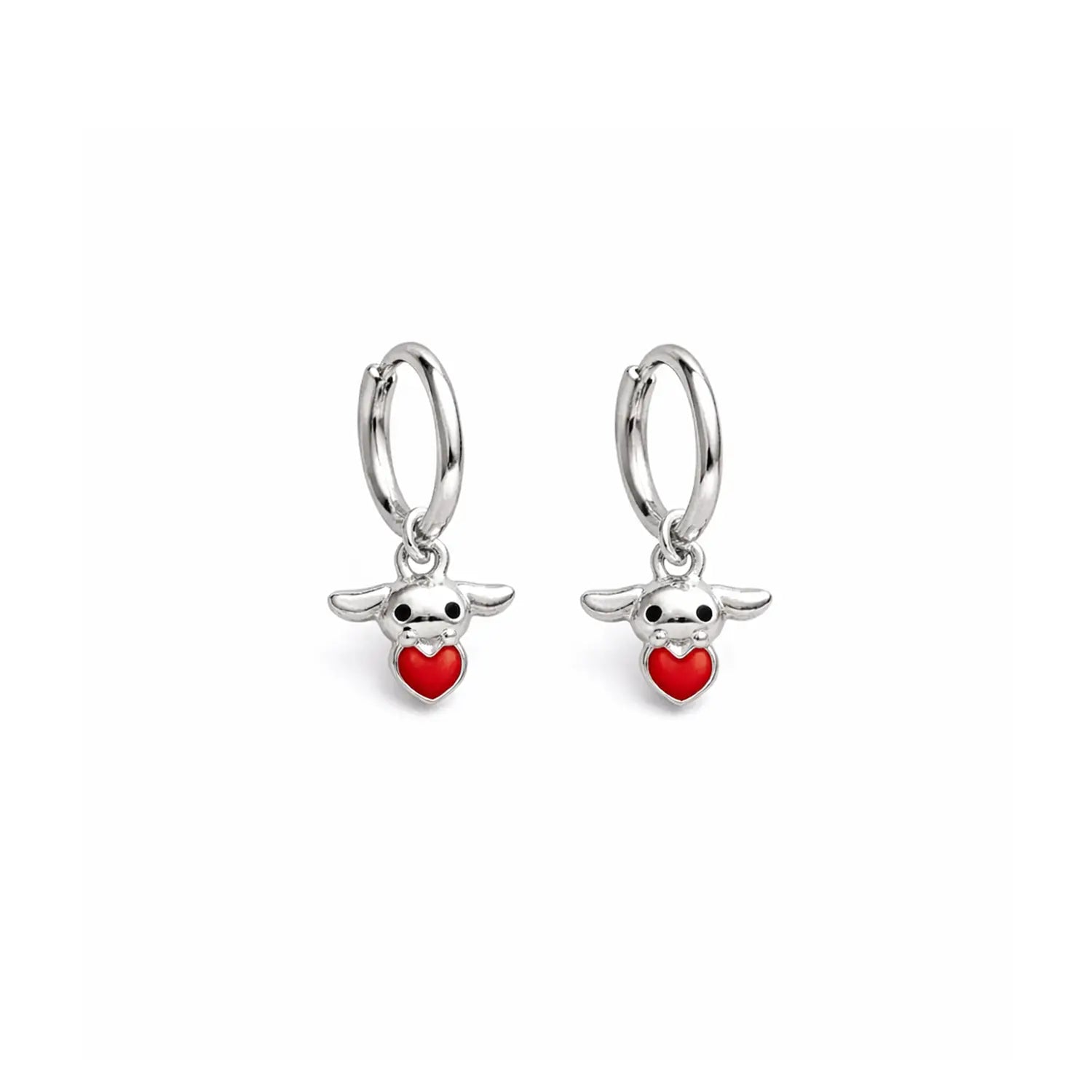 Cute Character Heart Charm Silver Hoop Earrings - Made With Pure 925 Silver