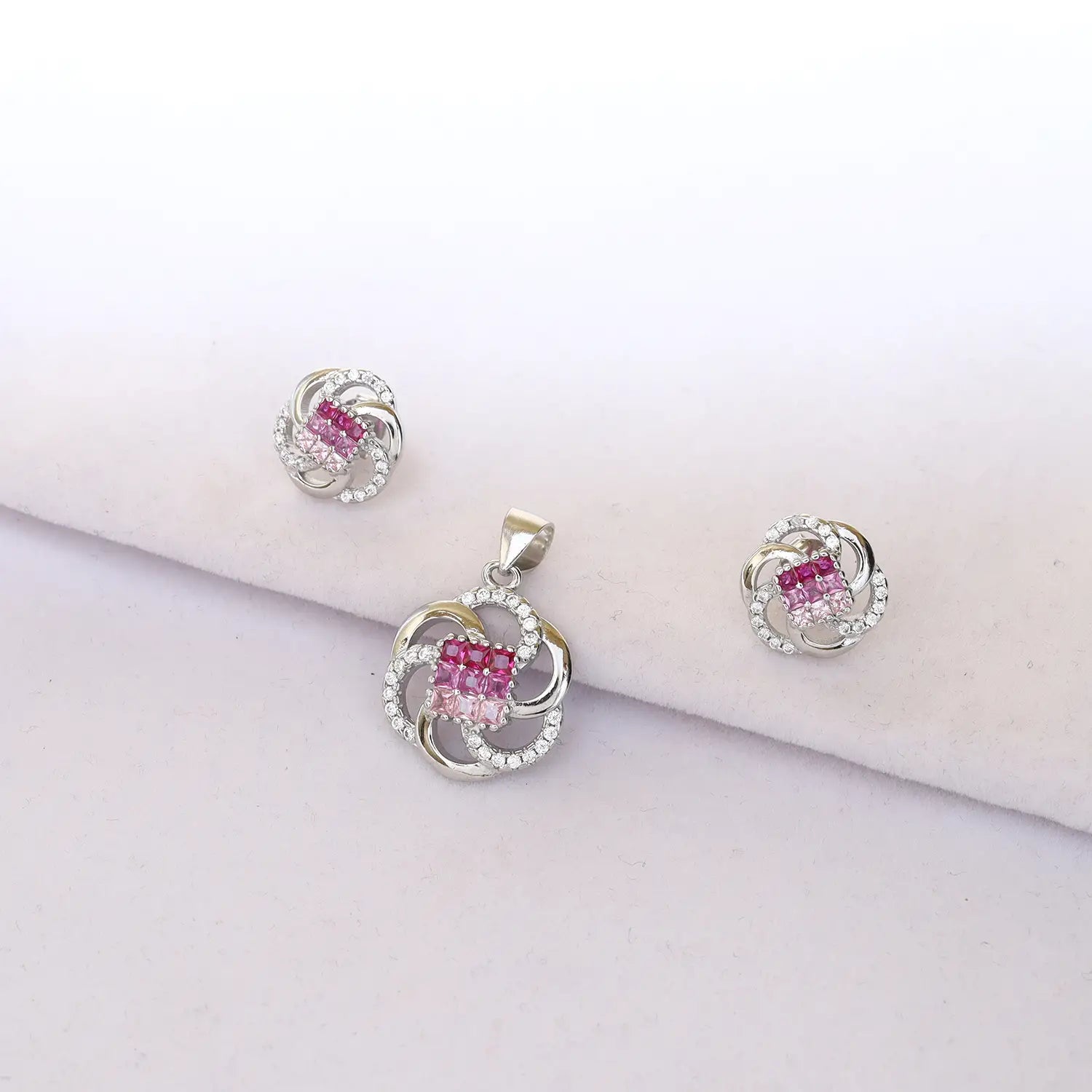Elegant Pink CZ Floral Knot Pure Silver Pendant Set - Made With Pure 925 Silver