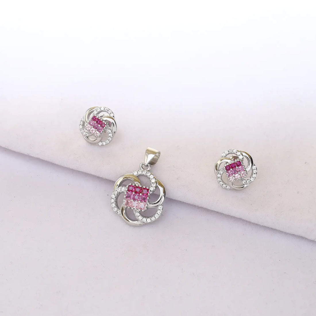 Elegant Pink CZ Floral Knot Pure Silver Pendant Set - Made With Pure 925 Silver