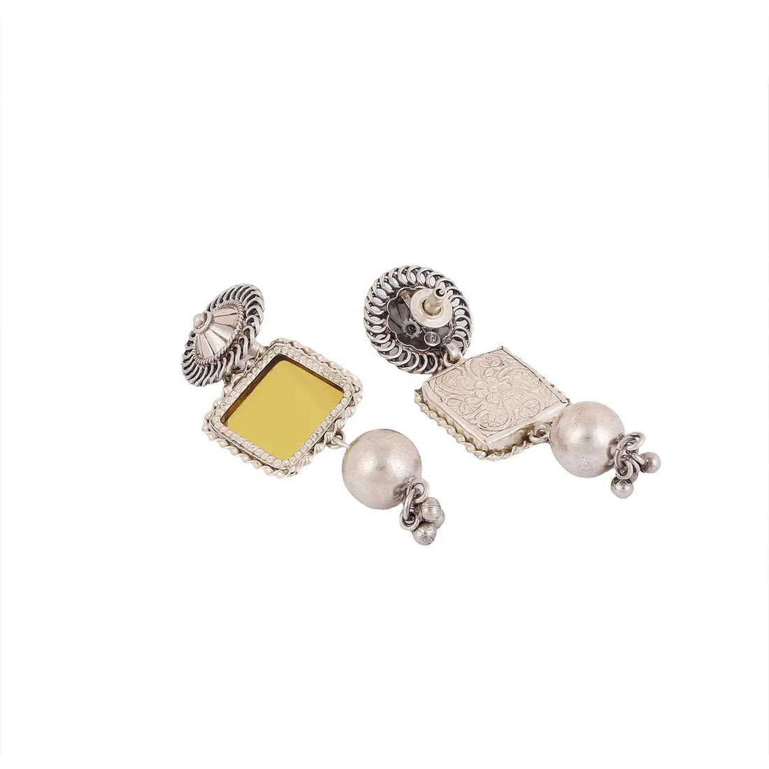 Antique Silver Square Earrings with Pearl Drops- Made With Pure 925 Silver