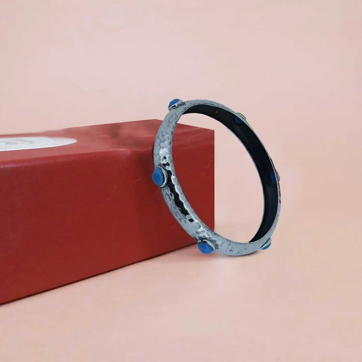 Hammered Silver Kada with Blue Stone Accents - Made With Pure 925 Silver