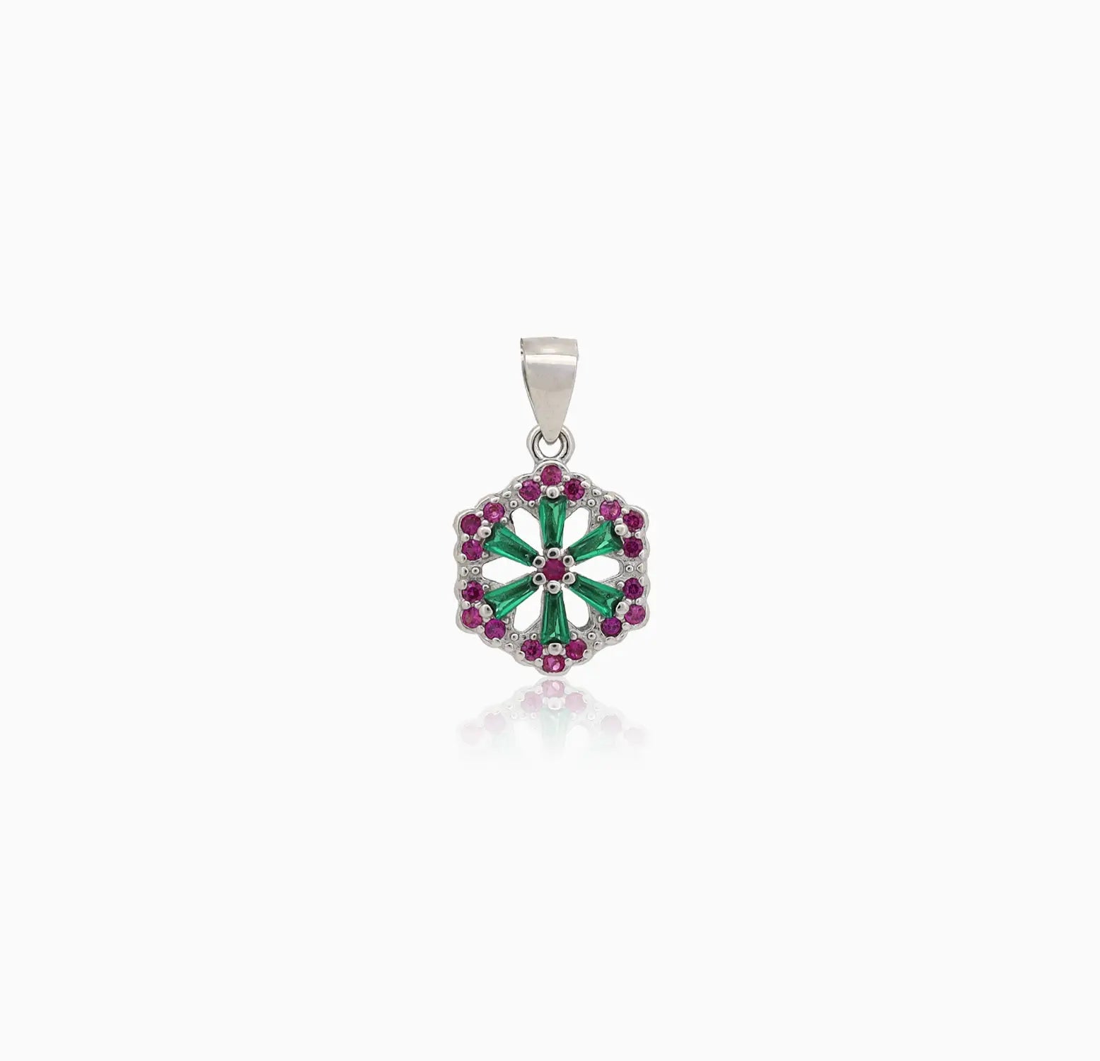Floral Hexagon Silver Pendant with Green & Pink Stones Made With Pure 925 Silver