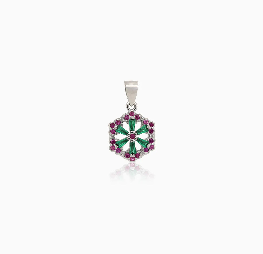Floral Hexagon Silver Pendant with Green & Pink Stones Made With Pure 925 Silver