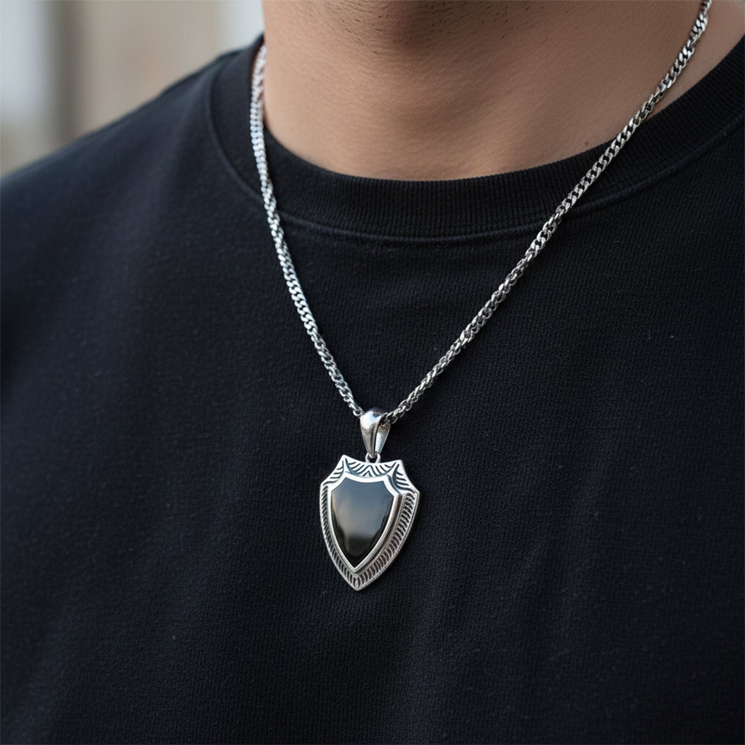 Black Onyx Shield Pure Silver Pendant- Made With Pure 925 Silver