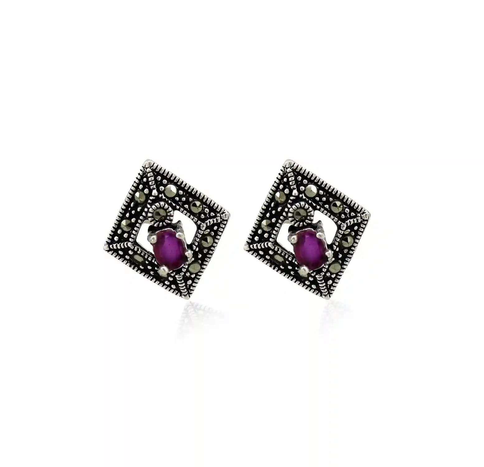 Oxidised Silver Ruby Stone Pendant & Earring Set - Made With Pure 925 Silver