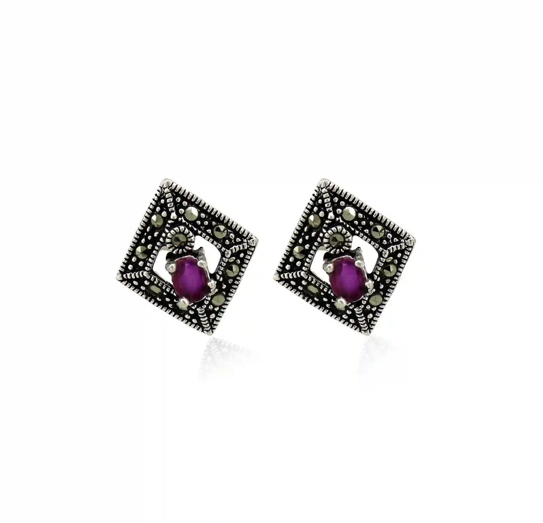 Oxidised Silver Ruby Stone Pendant & Earring Set - Made With Pure 925 Silver