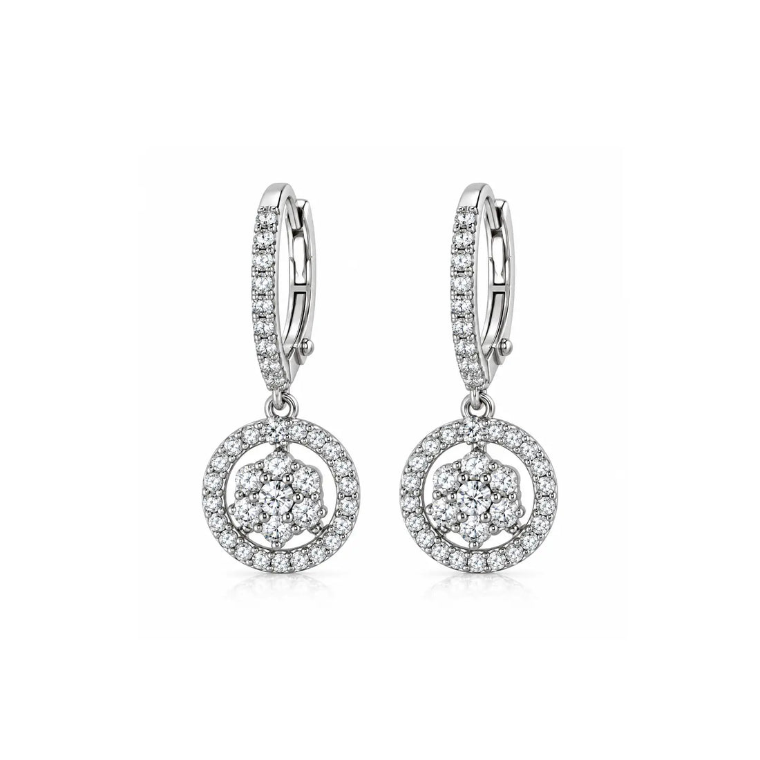 Elegant Floral Halo Drop Silver Earrings - Made With Pure 925 Silver