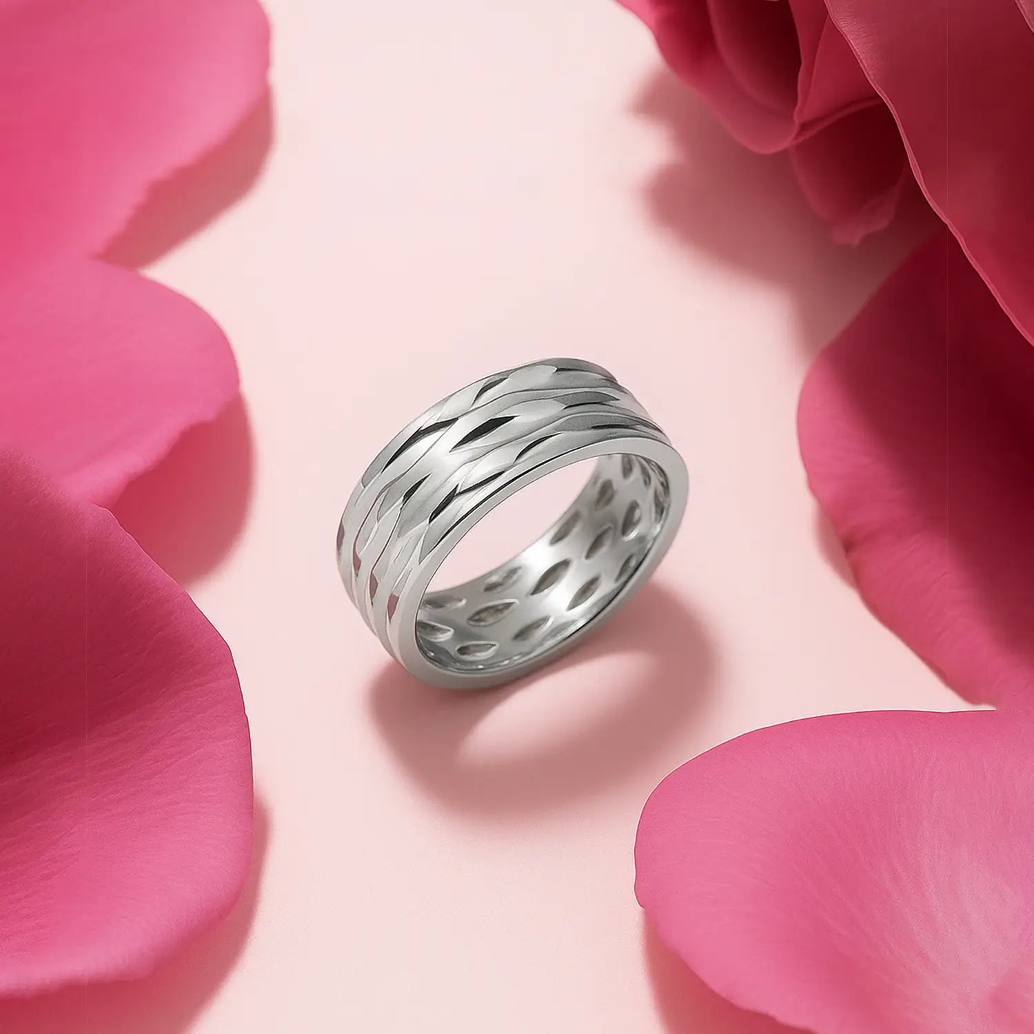 Hammered Texture Wide Silver Band Ring - Made With Pure 925 Silver