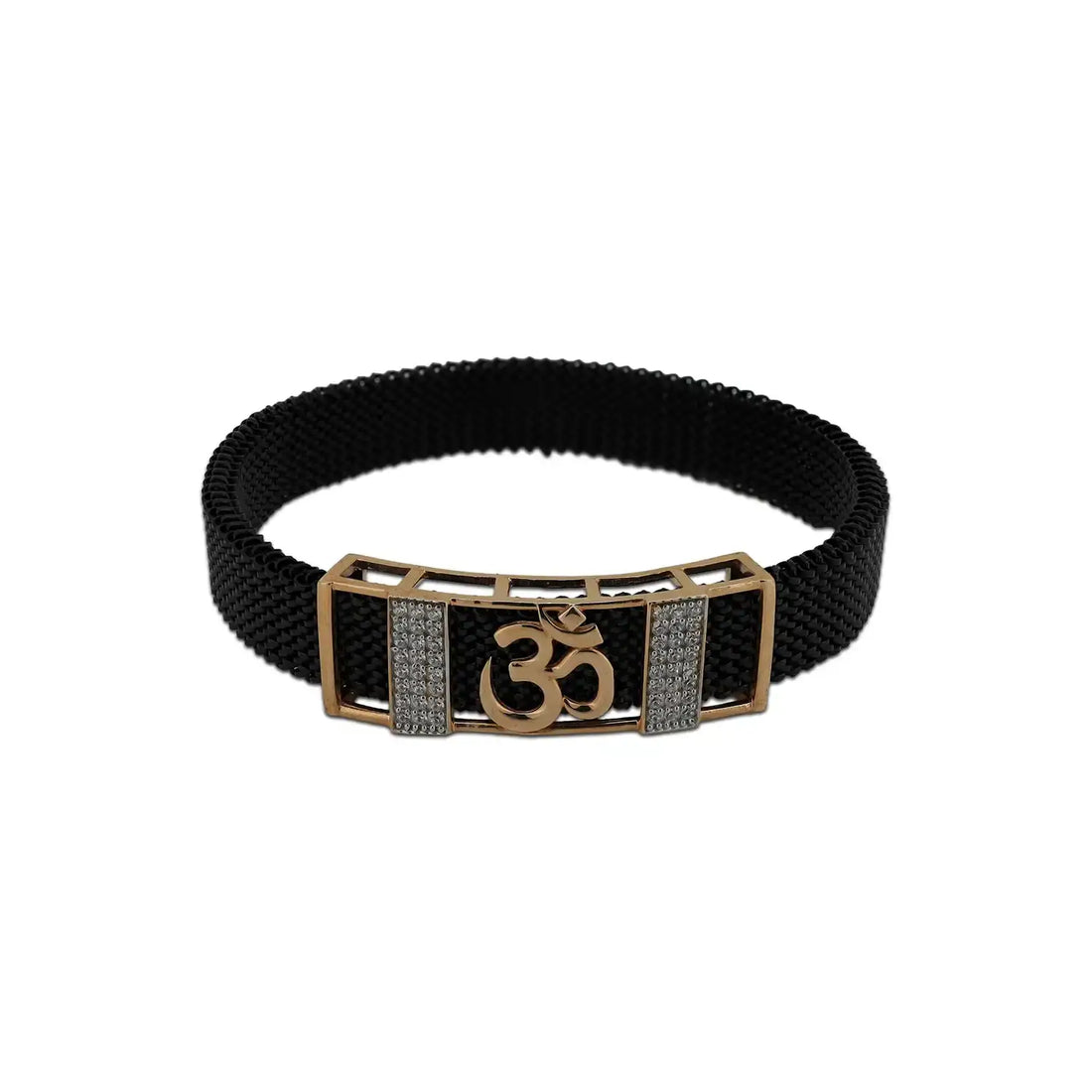 Men’s Black Strap Bracelet with Gold “Om” Symbol- Made With Pure 925 Silver