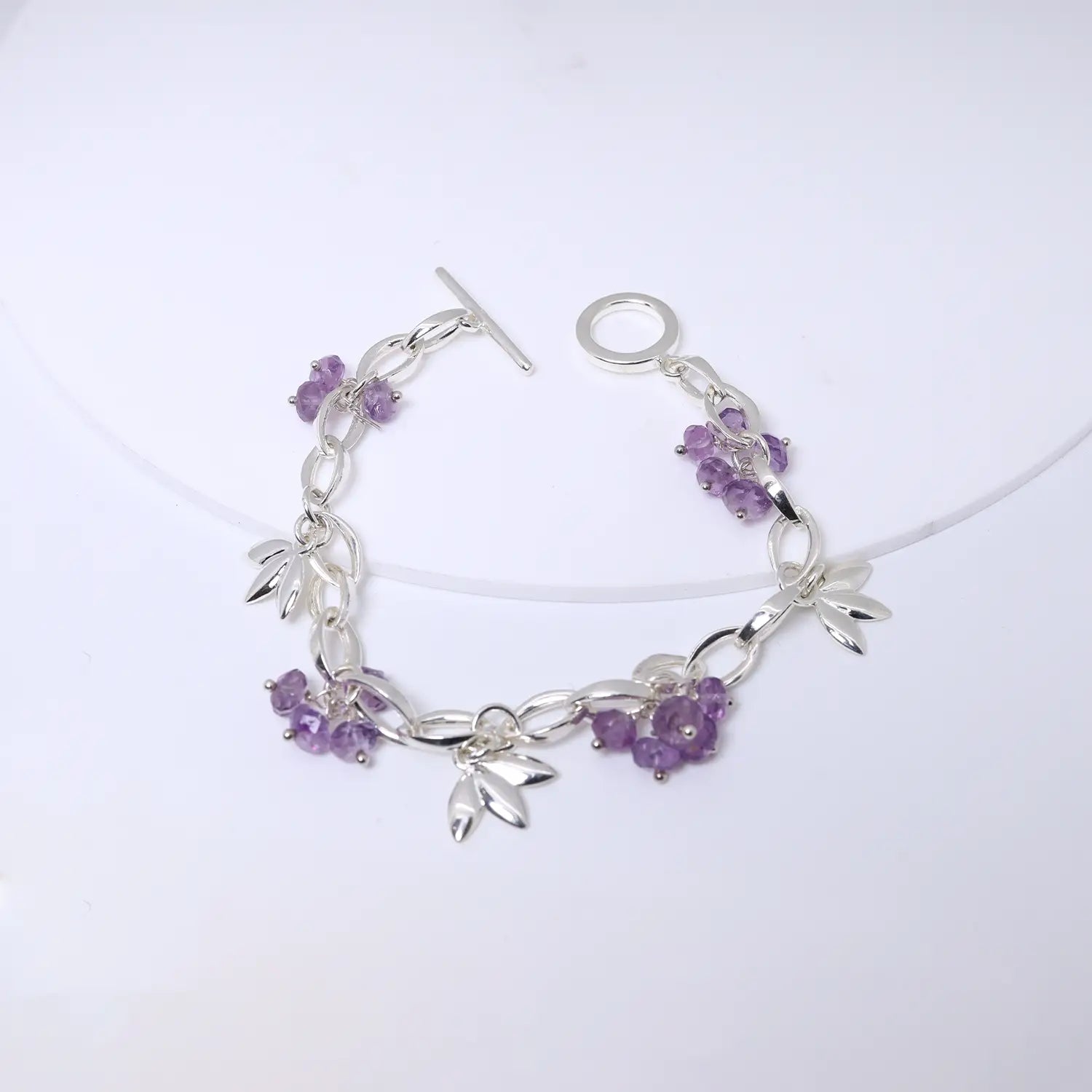 Amethyst Leaf Charm Sterling Silver Bracelet - Made With Pure 925 Silver