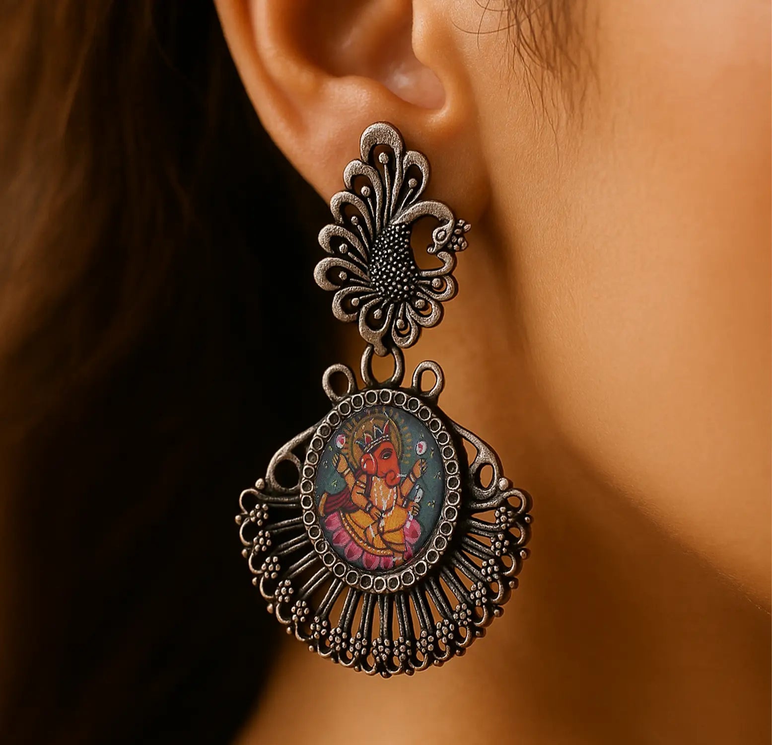 Silver Ganesha Art Mirror Work Earring