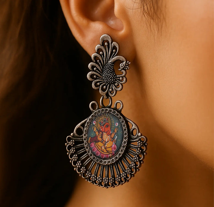 Silver Ganesha Art Mirror Work Earring