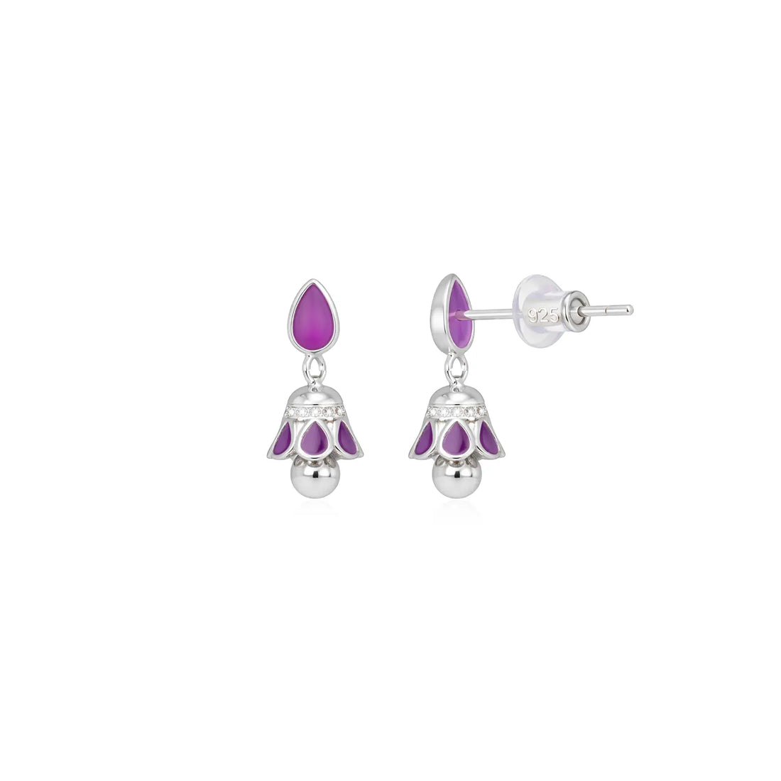 Pink & Purple Drop Pure Silver Jhumki Earrings - Made With Pure 925 Silver