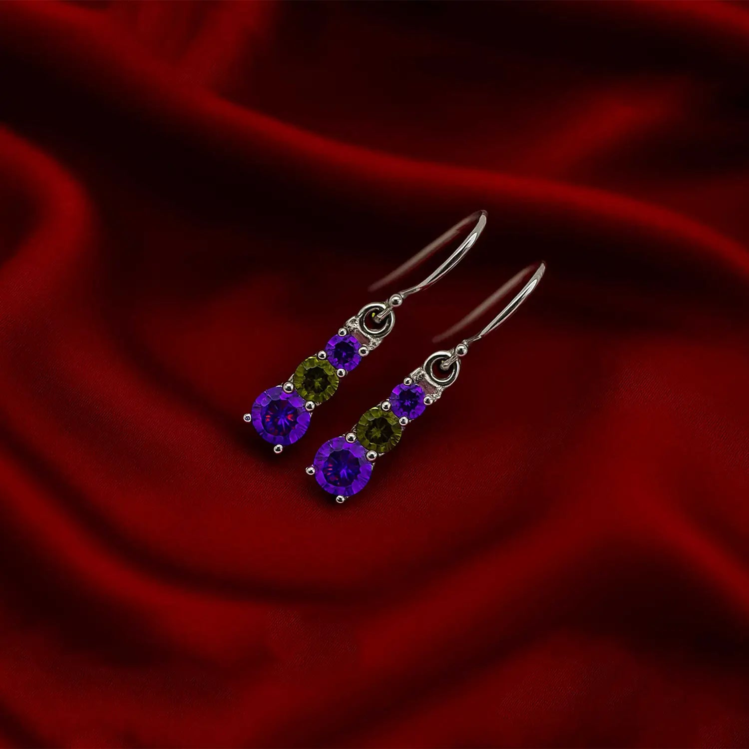 Pure Silver Drop Earrings with Amethyst & Peridot Accents- Made With Pure 925 Silver