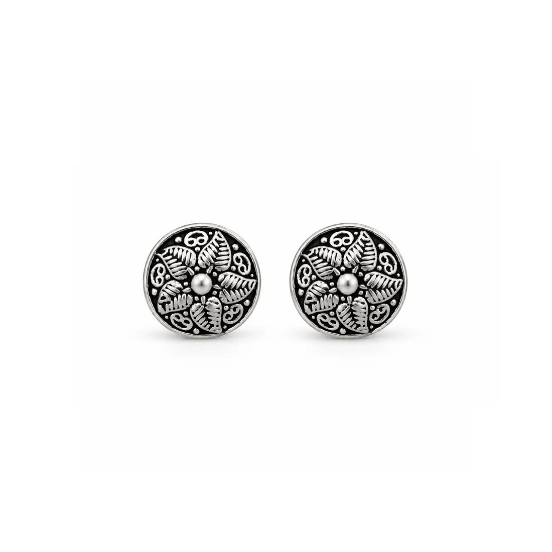 Vintage Leaf Motif Oxidised Silver Stud Earrings - Made With Pure 925 Silver
