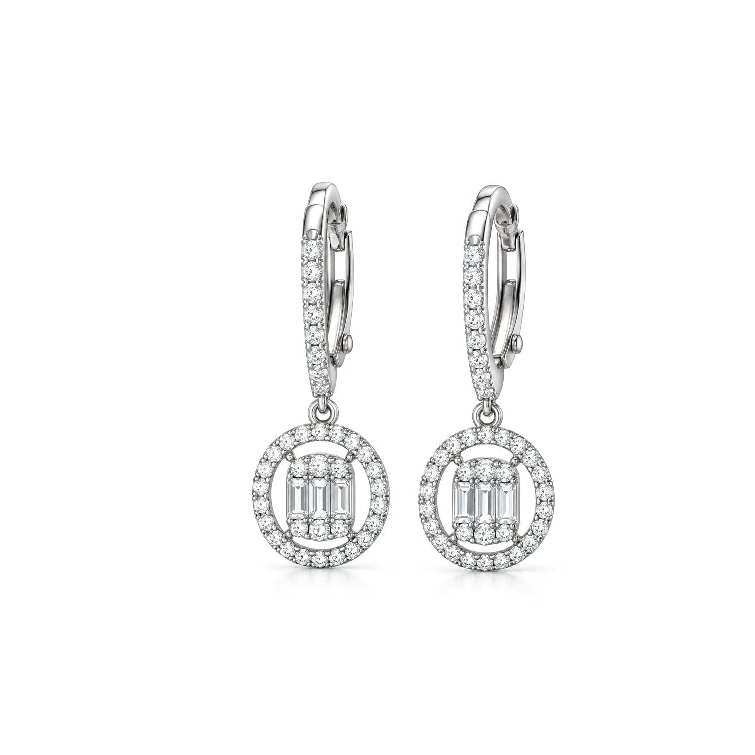 Elegant Round Crystal Halo Silver Drop Earrings - Made With Pure 925 Silver