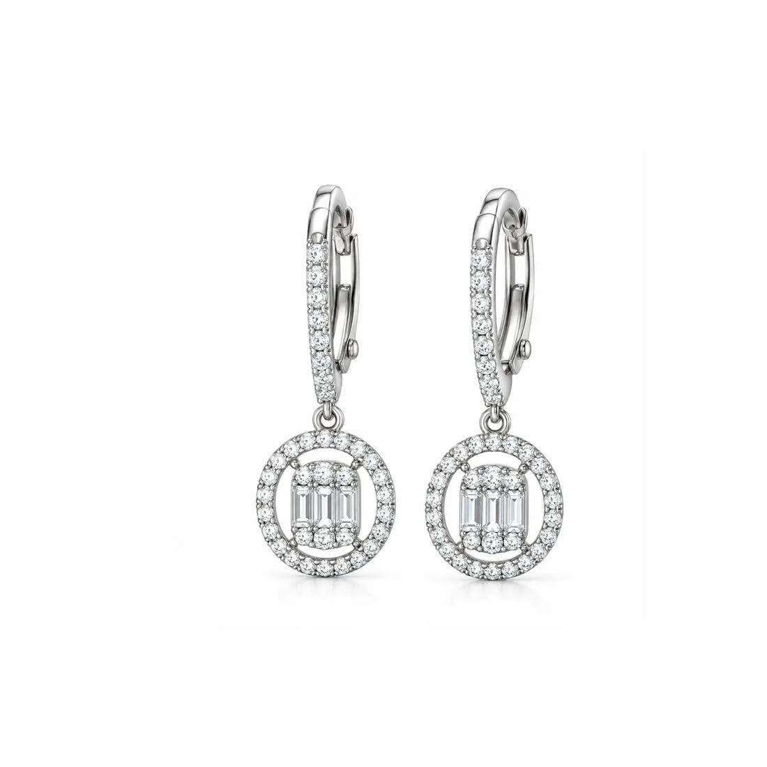 Elegant Round Crystal Halo Silver Drop Earrings - Made With Pure 925 Silver