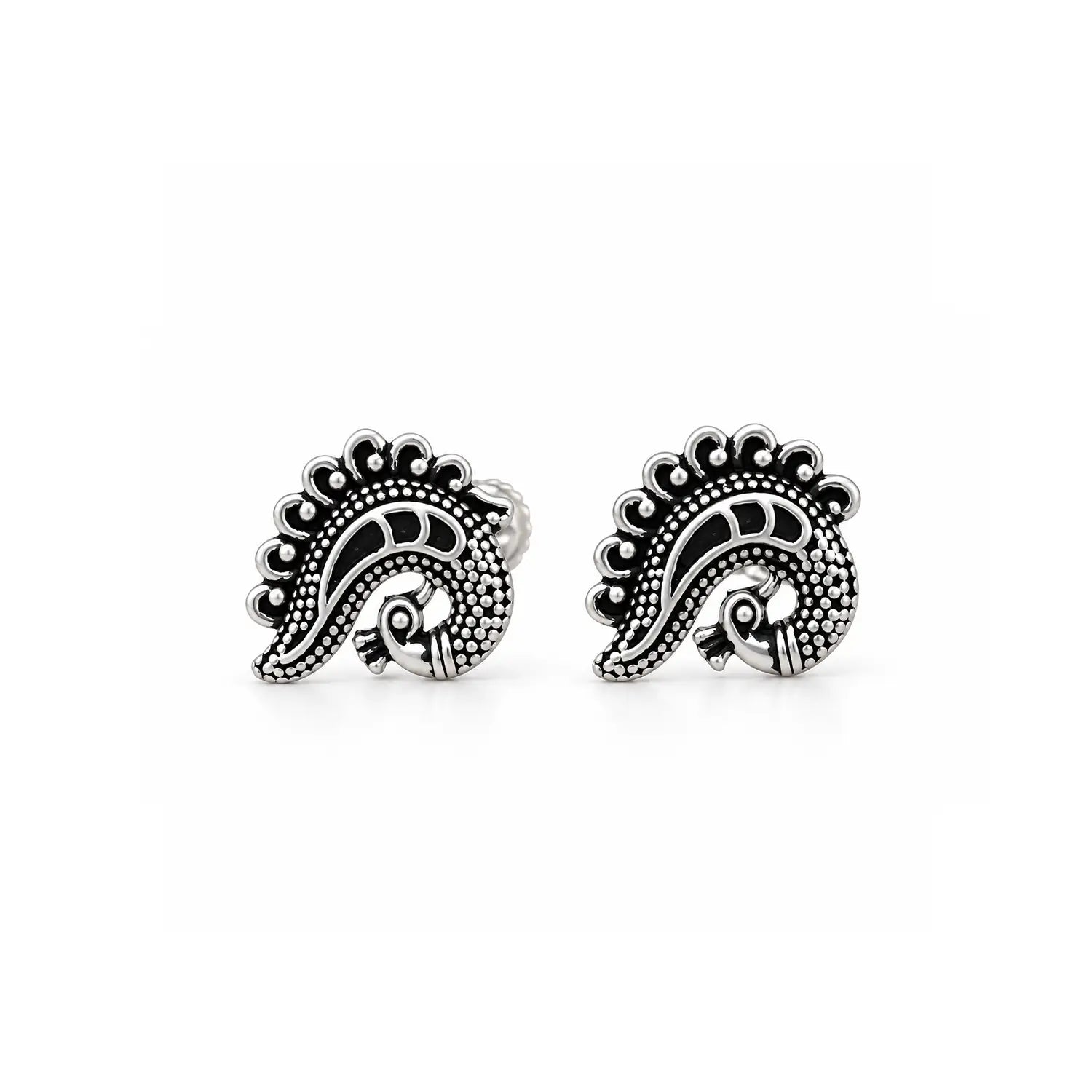Traditional Paisley Oxidised Silver Stud Earrings - Made With Pure 925 Silver