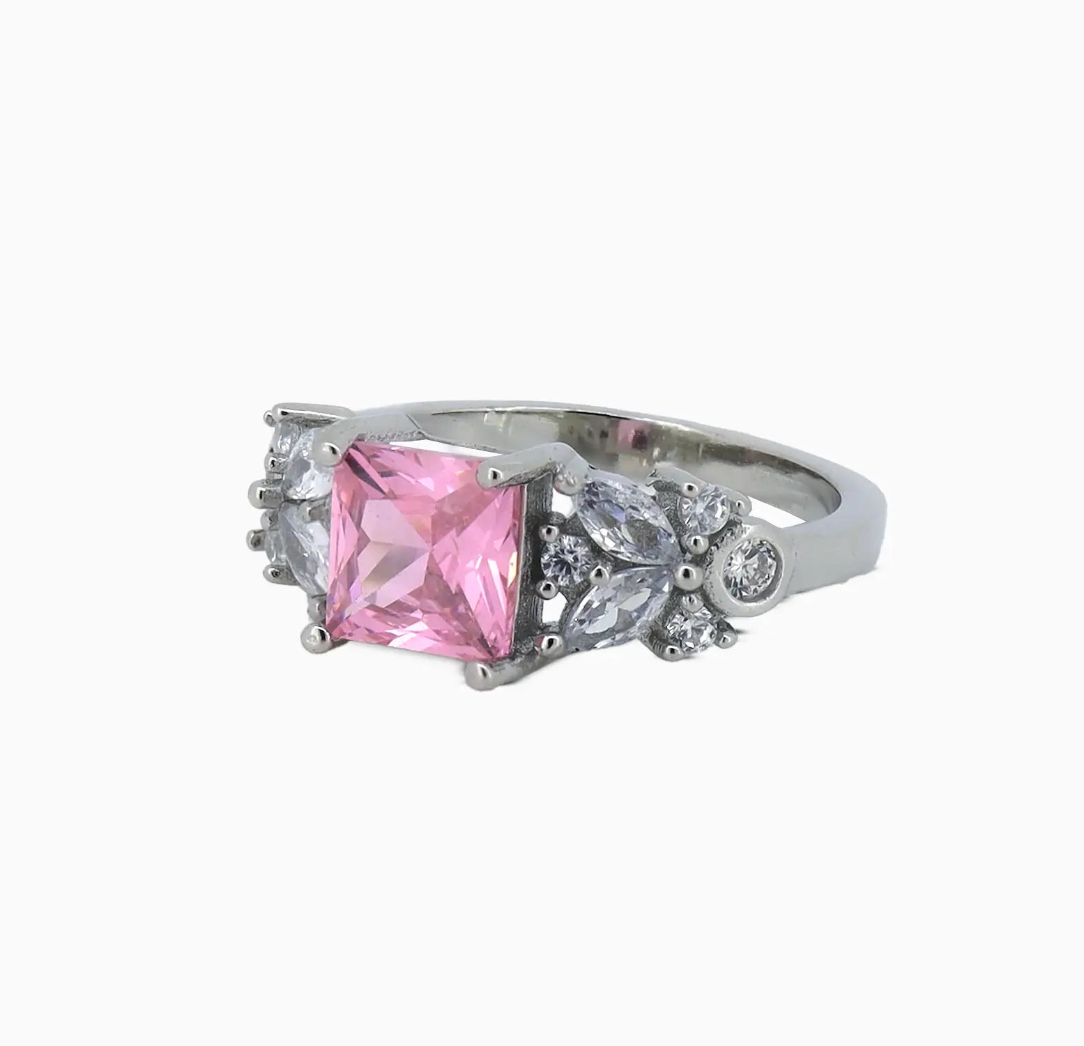 Pink Princess-Cut Stone Silver Ring - Made With 925 Pure Silver
