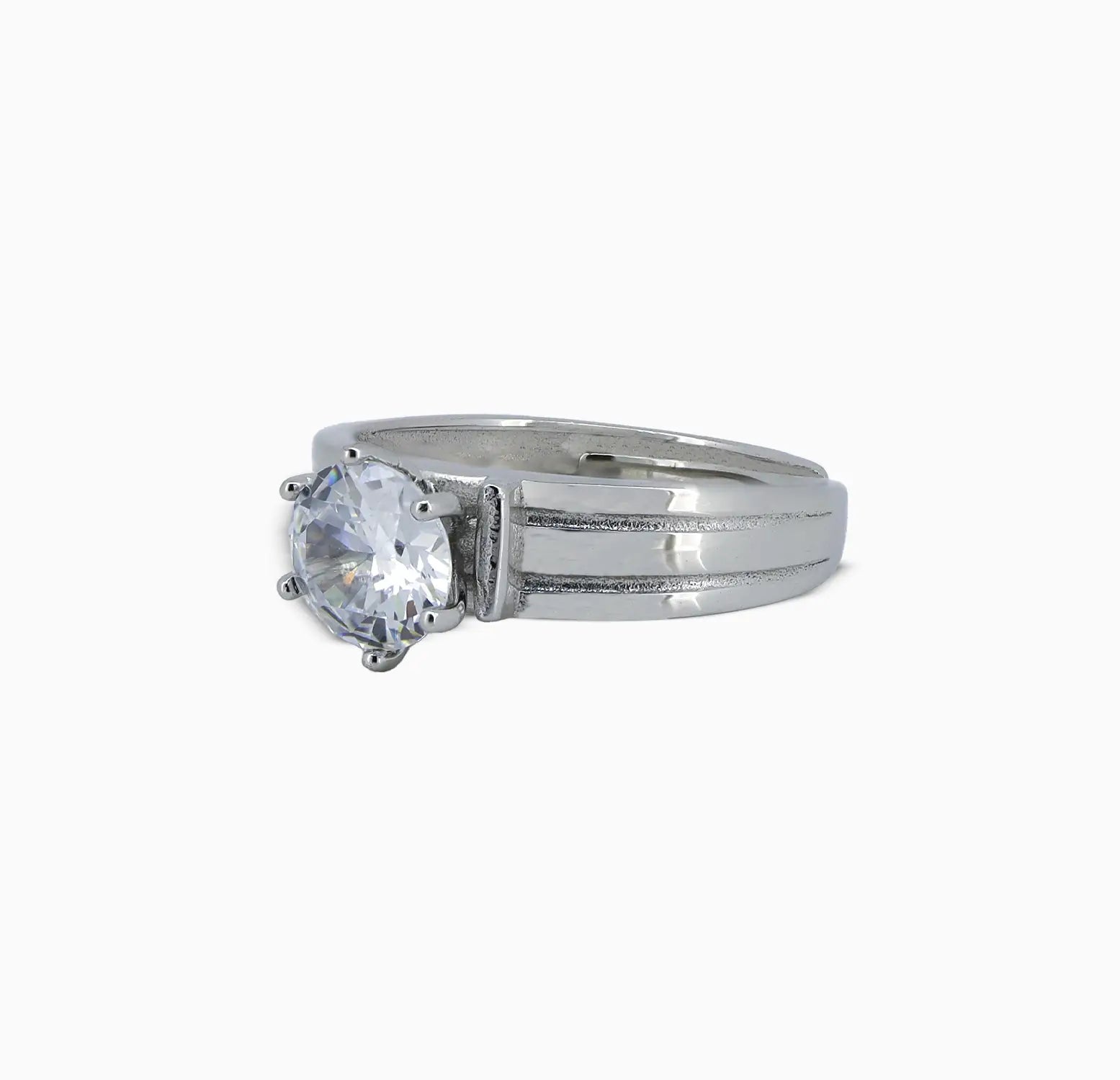 Classic Solitaire Silver Ring with Textured Band - Made With Pure 925 Silver