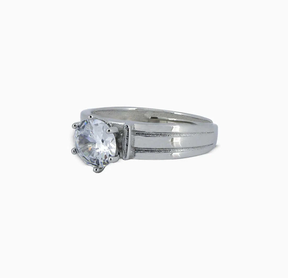Classic Solitaire Silver Ring with Textured Band - Made With Pure 925 Silver