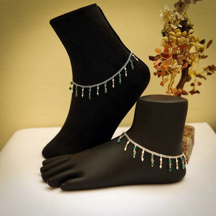 Pure Silver Green Stone Anklet- Made With Pure 925 Silver