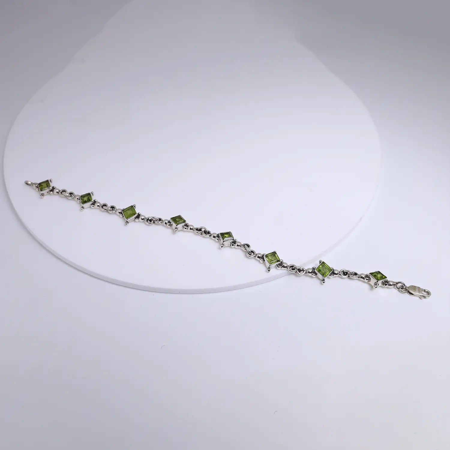 Green Peridot Square-Link Sterling Silver Bracelet- Made With Pure 925 Silver