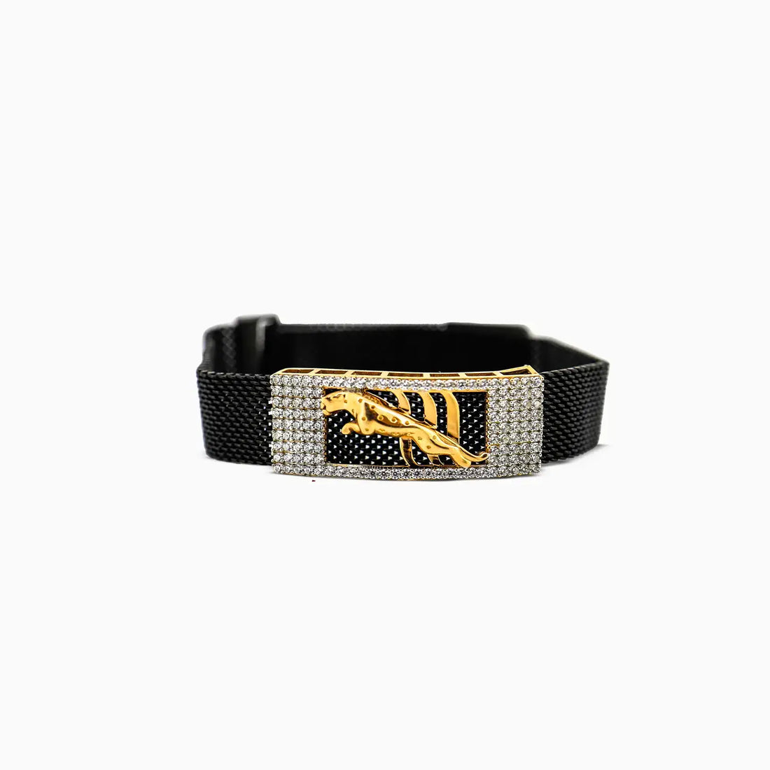 Men’s Black Strap Bracelet with Golden Panther- Made With Pure 925 Silver