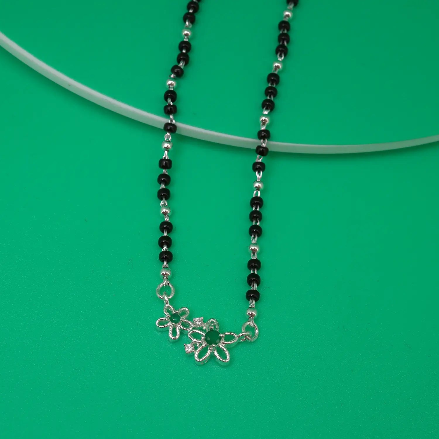 Elegant Green Floral Silver Mangalsutra - Made With Pure 925 Silver