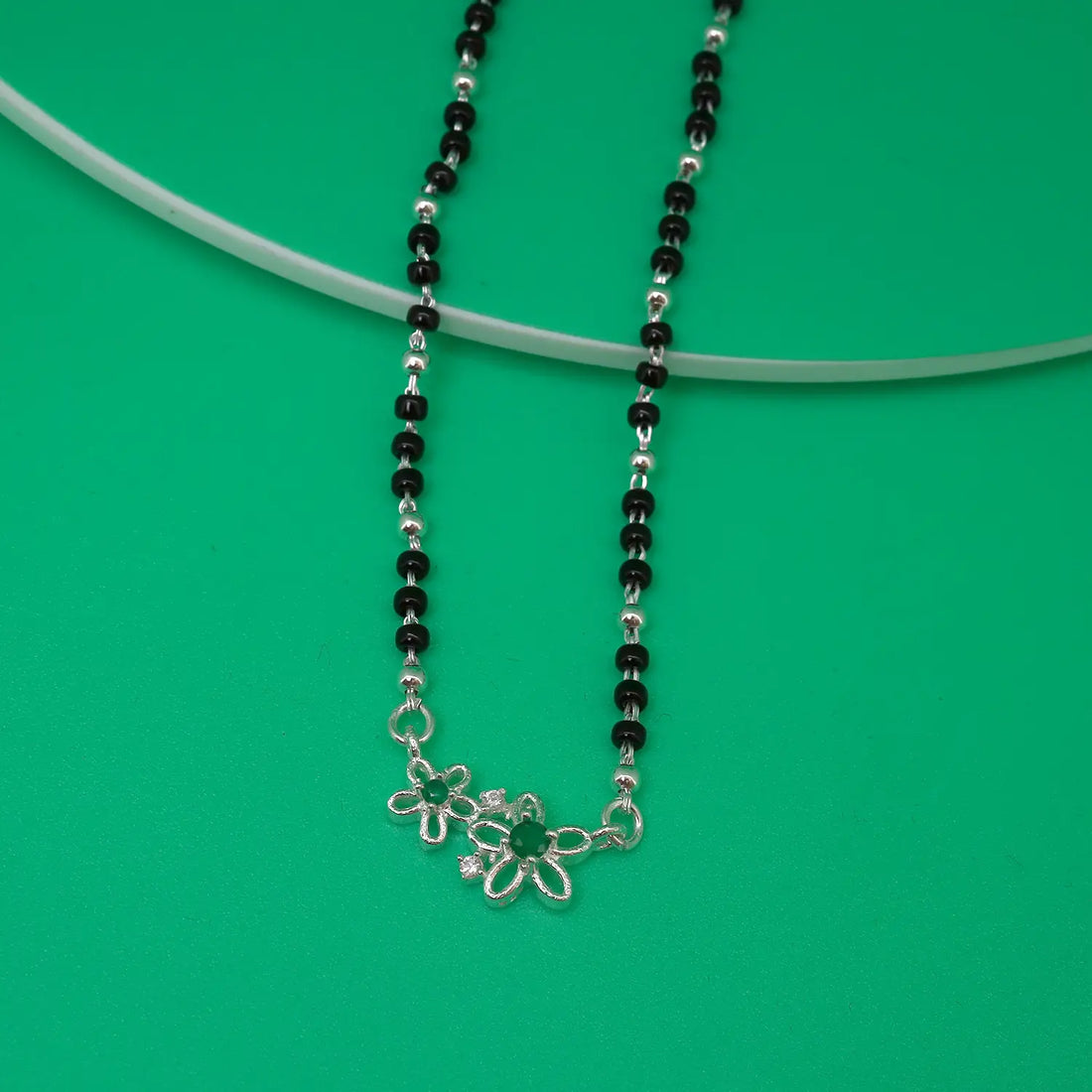 Elegant Green Floral Silver Mangalsutra - Made With Pure 925 Silver