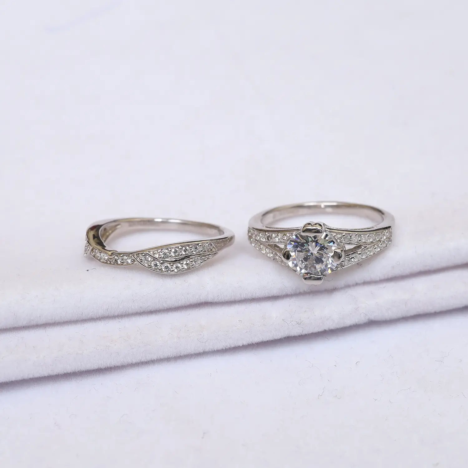 Silver Diamond Couple Ring  Set - Made With Pure 925 Silver
