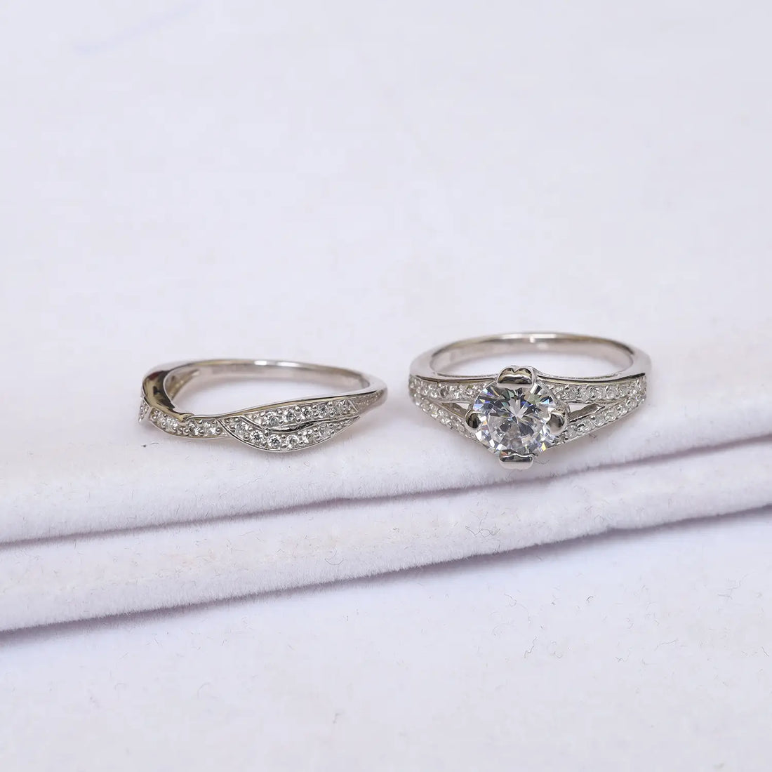 Silver Diamond Couple Ring  Set - Made With Pure 925 Silver