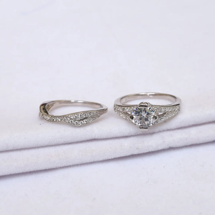 Silver Diamond Couple Ring  Set - Made With Pure 925 Silver