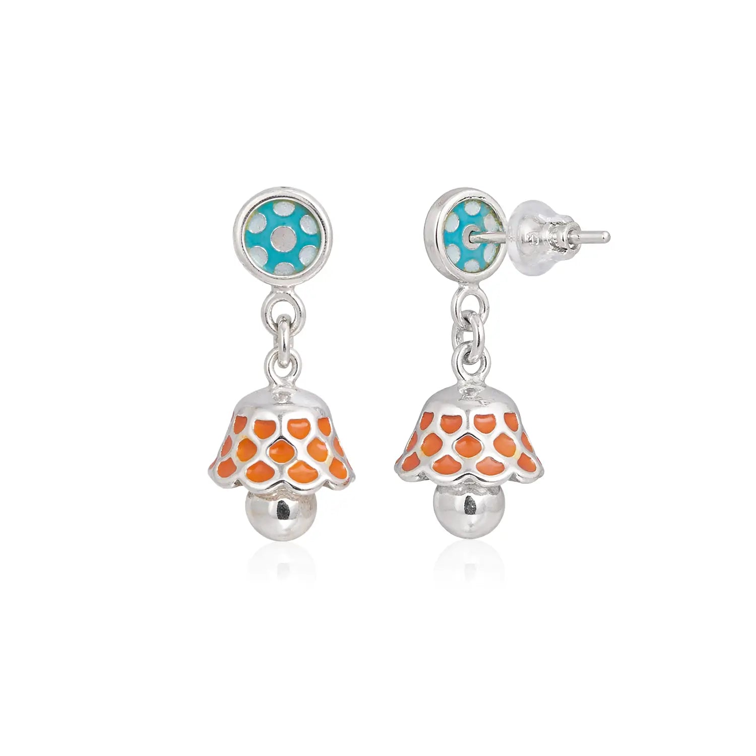 Turquoise & Orange Enamel Silver Jhumki Earrings - Made With Pure 925 Silver
