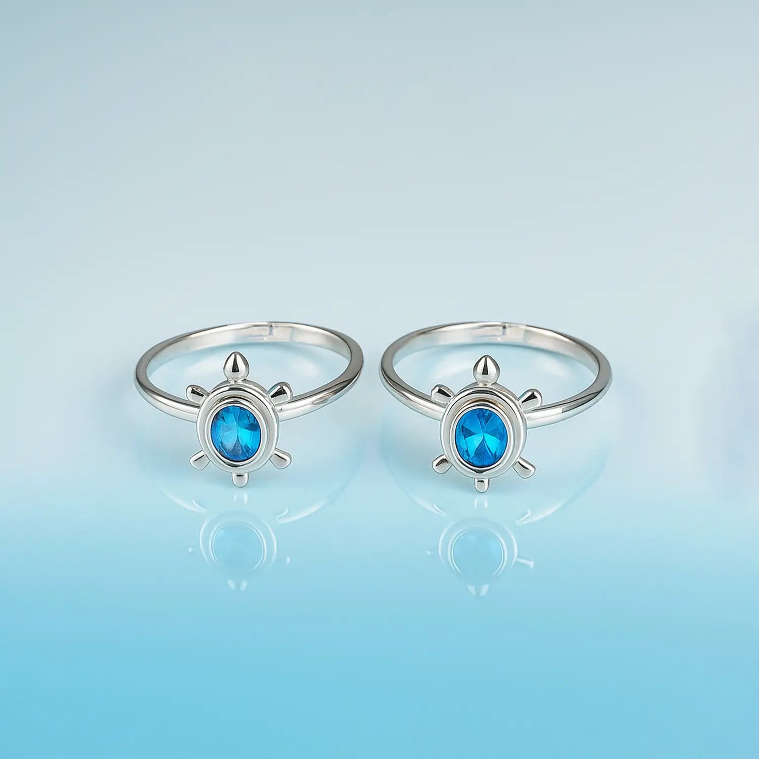 Pure Silver Turtle Toe Rings with Blue Stone- Made With Pure 925 Silver