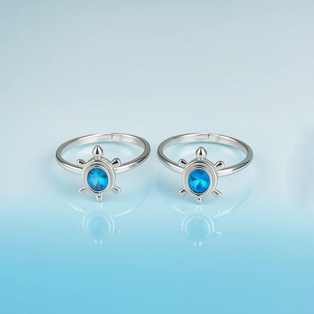 Pure Silver Turtle Toe Rings with Blue Stone- Made With Pure 925 Silver