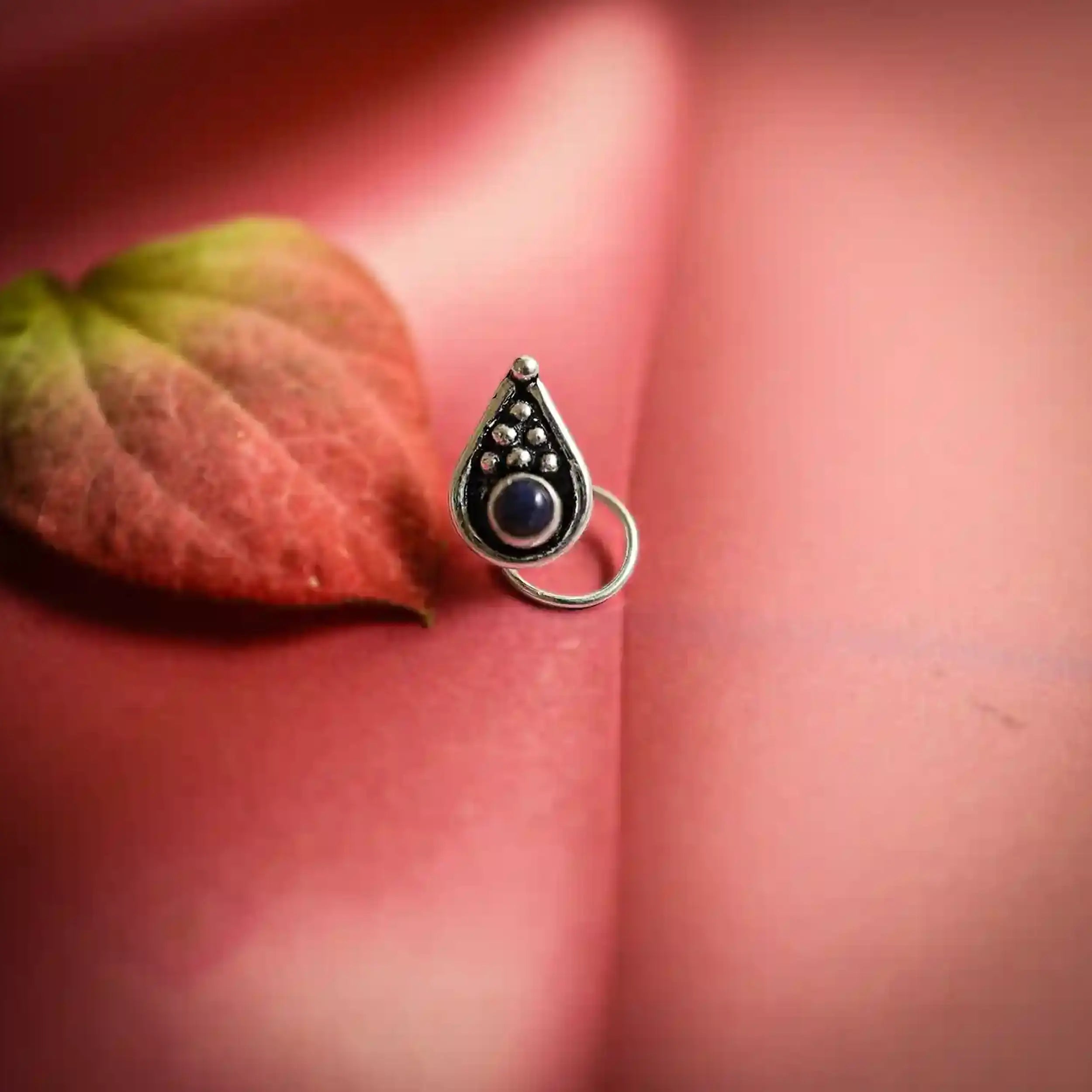 Oxidised Silver Teardrop Stone Nose Pin- Made With Pure 925 Silver