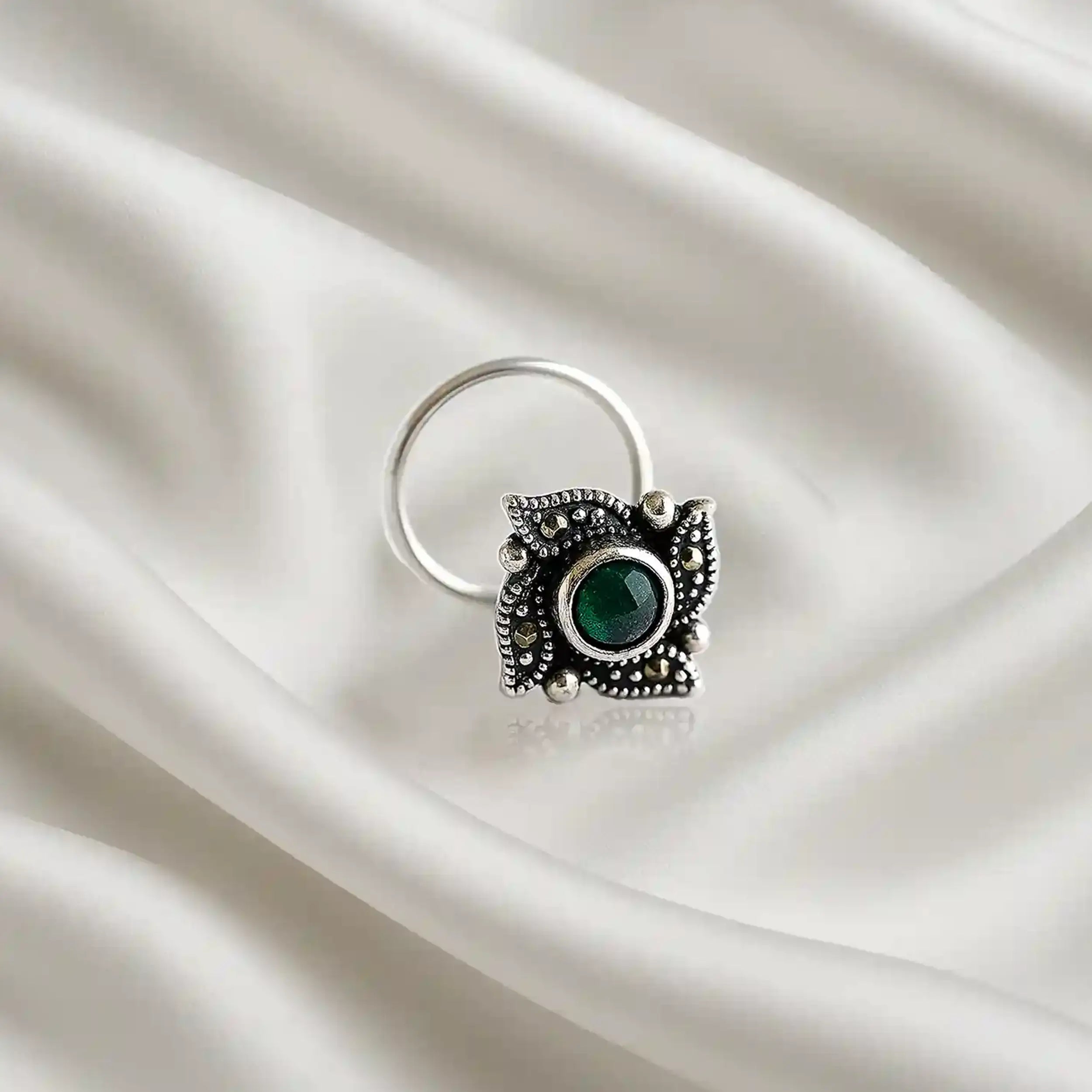 Green Stone Silver Nose Pin- Made With Pure 925 Silver