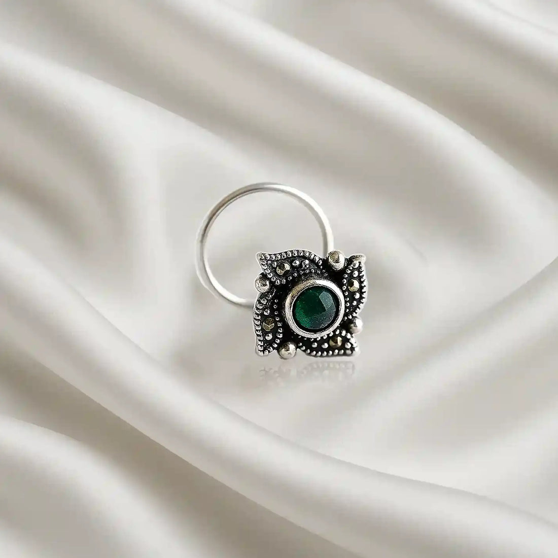 Green Stone Silver Nose Pin- Made With Pure 925 Silver